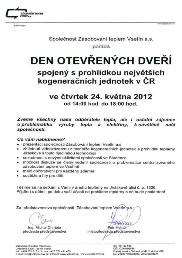 pozvánka na Den otevřených dveří Zásobování teplem Vsetín a.s. 2012